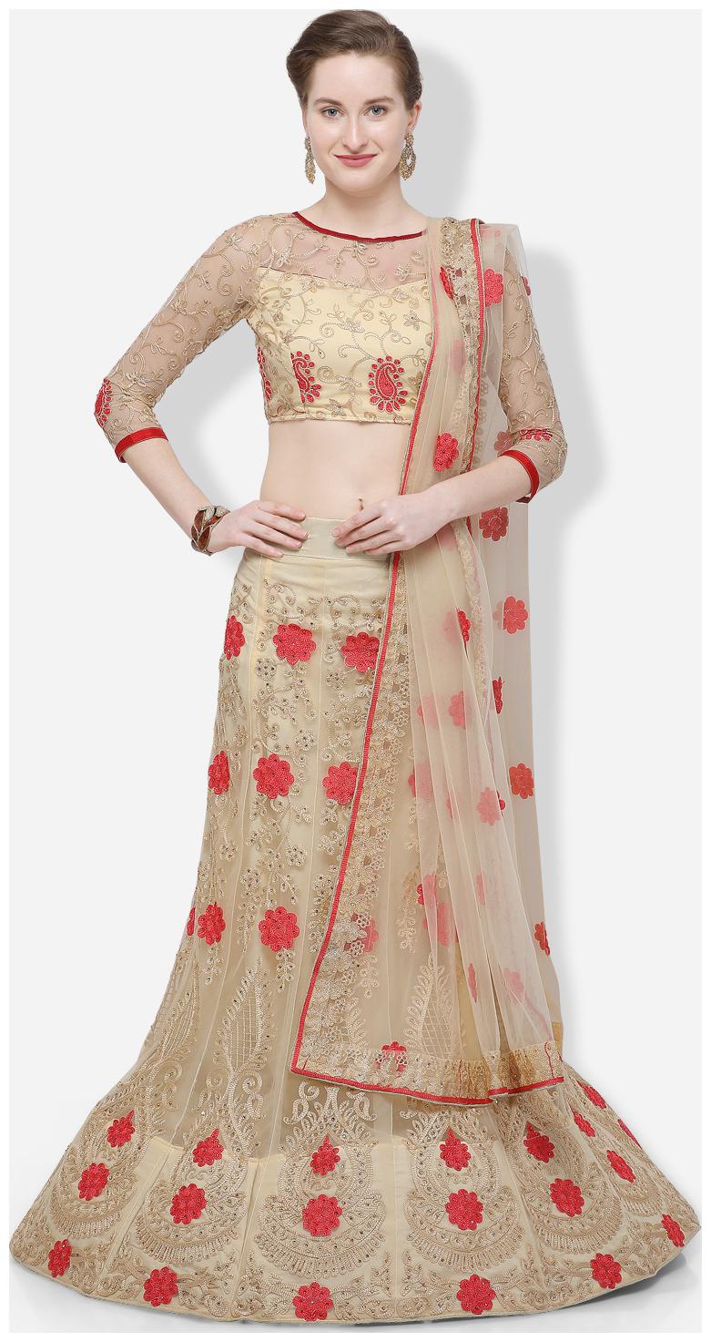 

V SALES Women Beige Semi Stiched Embroidered Net Lehenga Choli