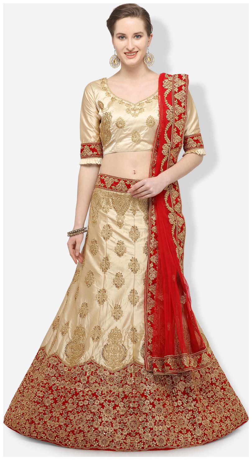 

V SALES Women Beige Semi Stiched Embroidered Silk Satin Lehenga Choli