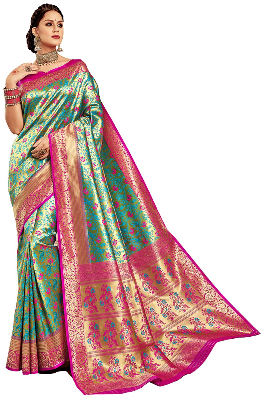 

V V shop Silk Green Woven Regular Saree For Women