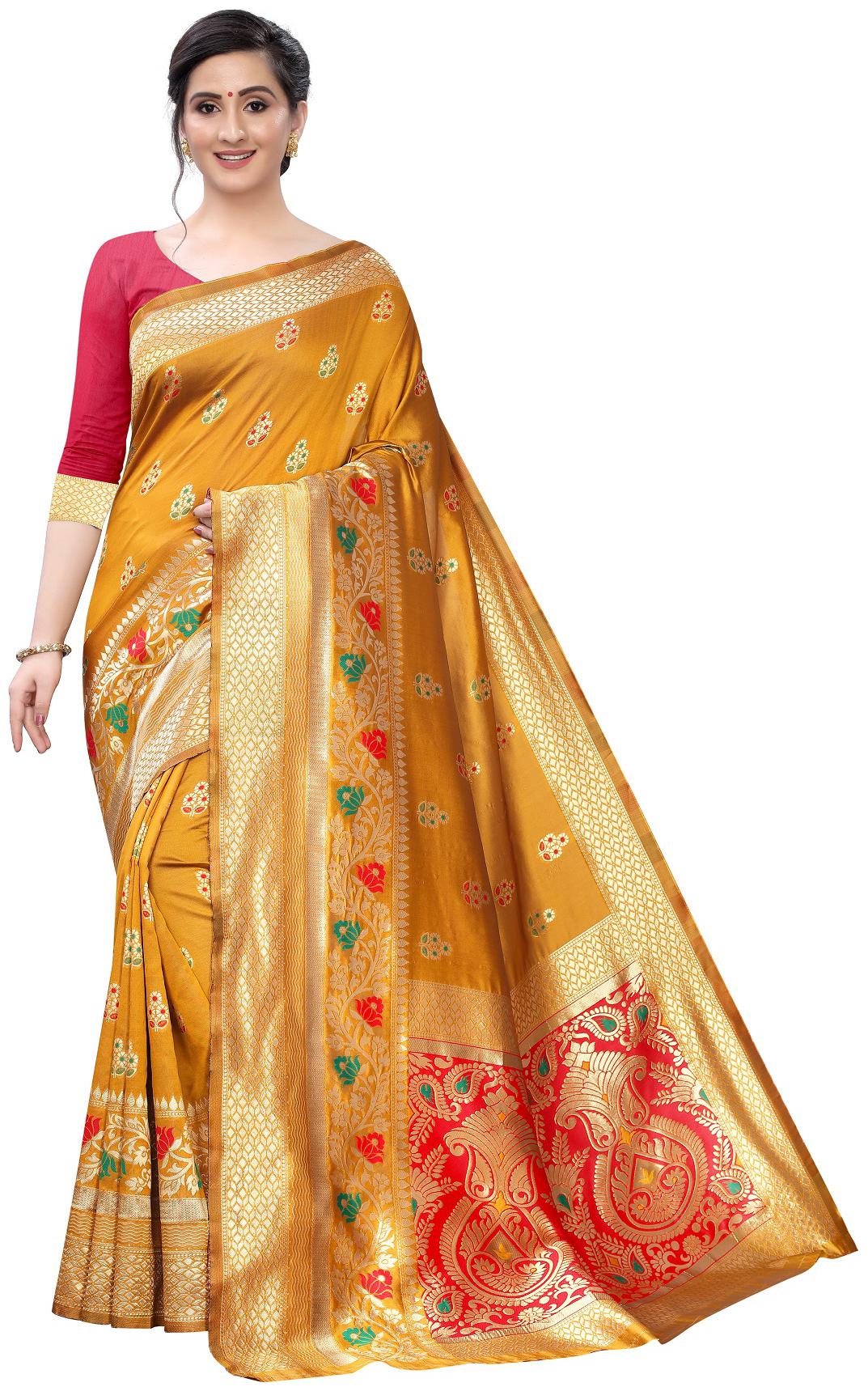 

V V shop Silk Mustard Woven Regular Saree For Women