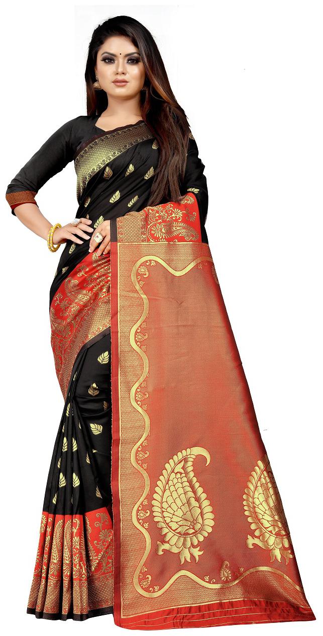

V V shop Silk Black Woven Regular Saree For Women