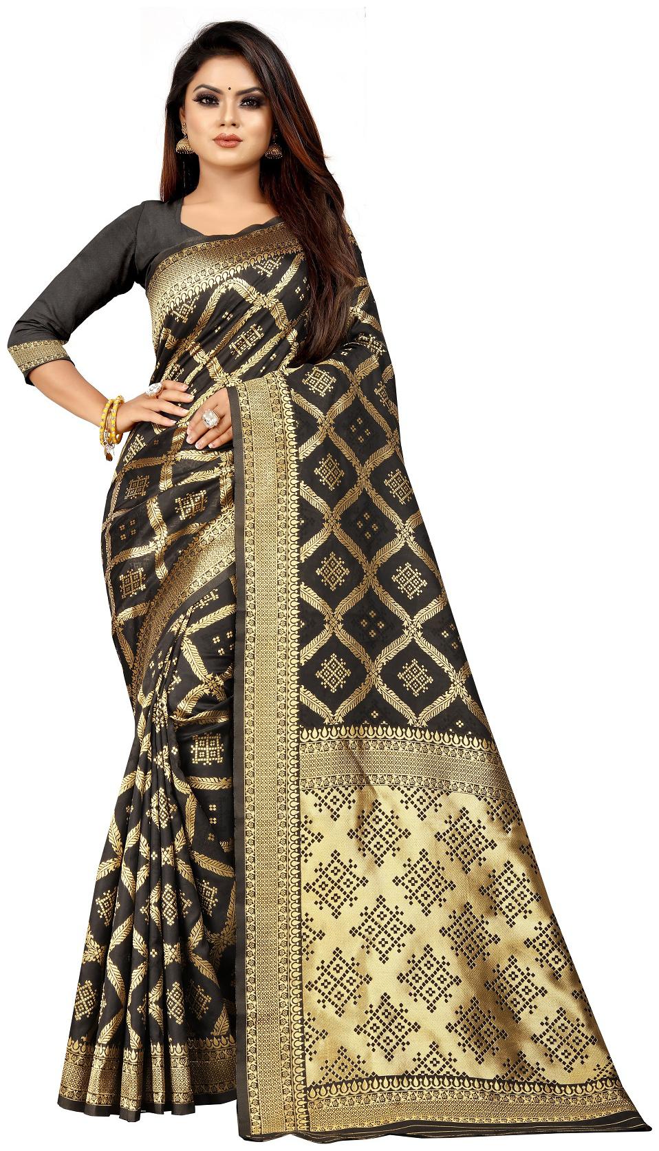 

V V shop Silk Black Woven Regular Saree For Women