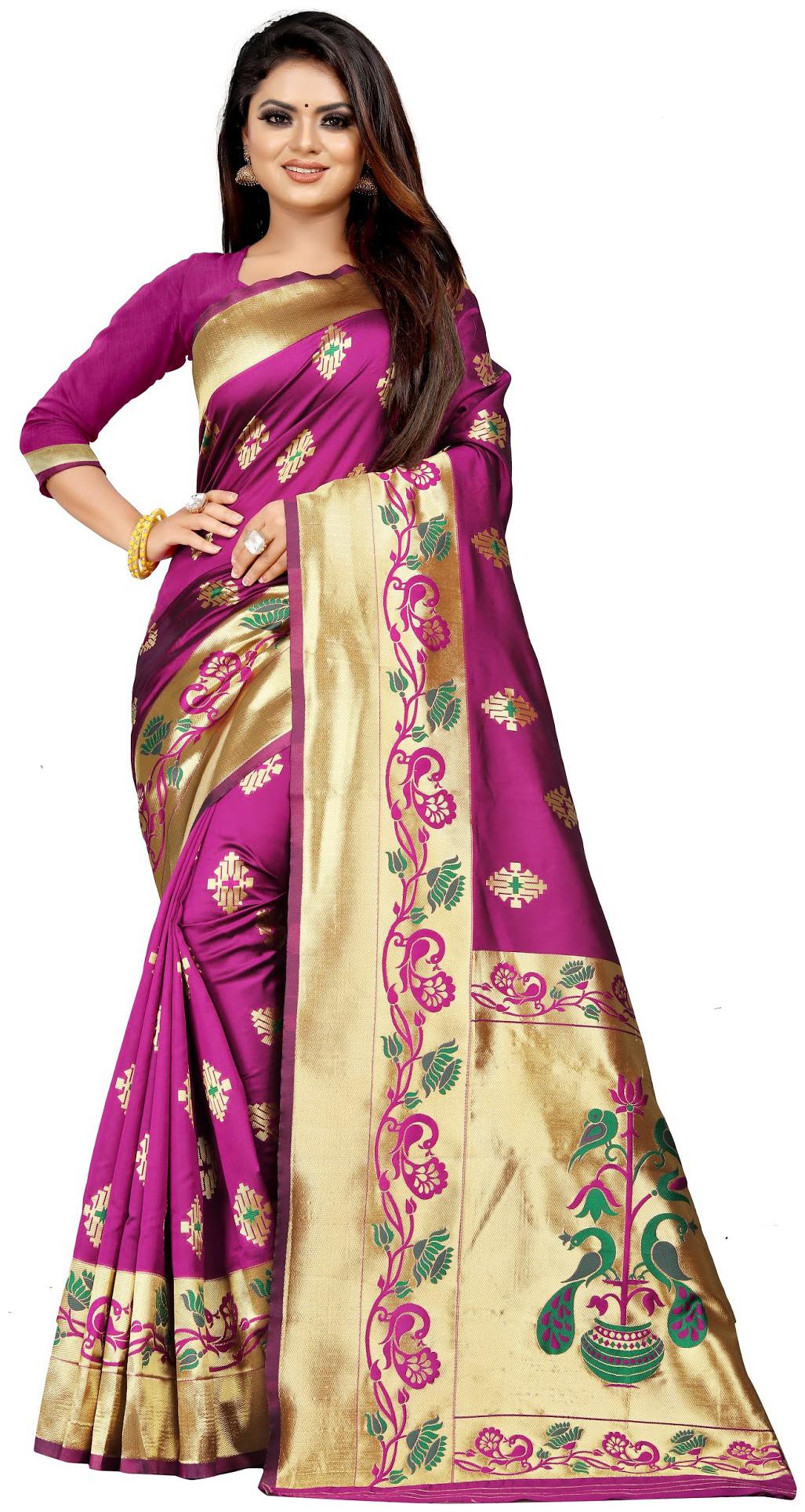 

V V shop Silk Magenta Woven Regular Saree For Women