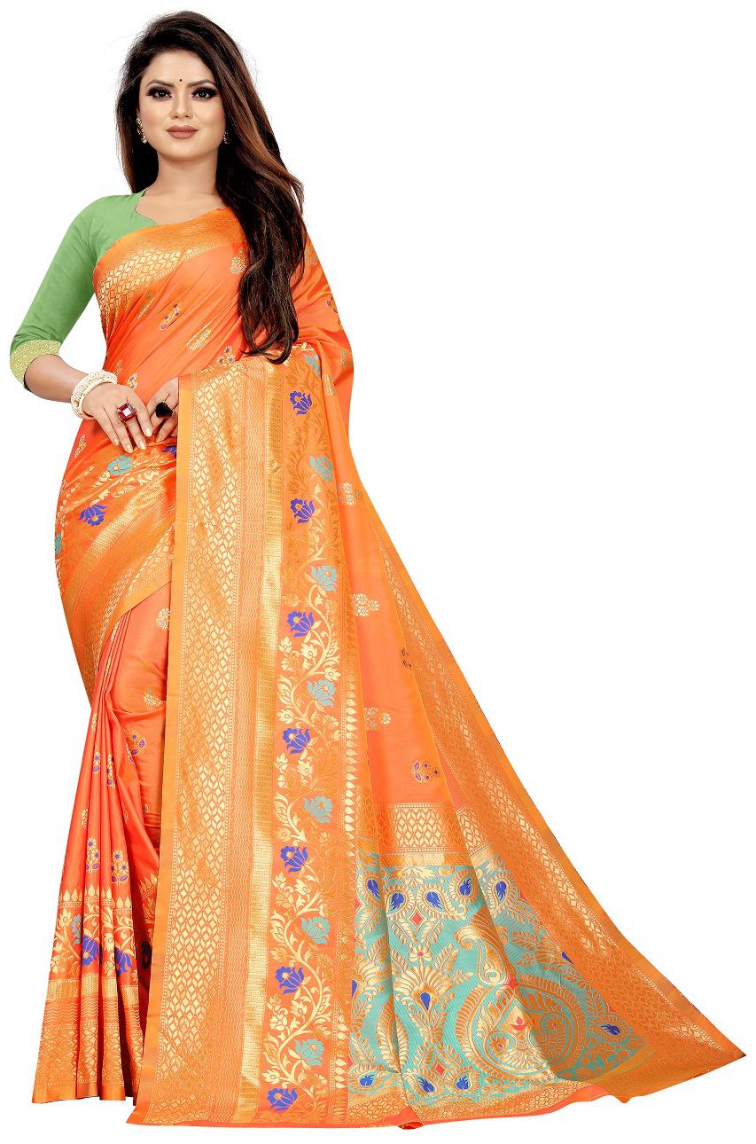 

V V shop Silk Orange Woven Regular Saree For Women