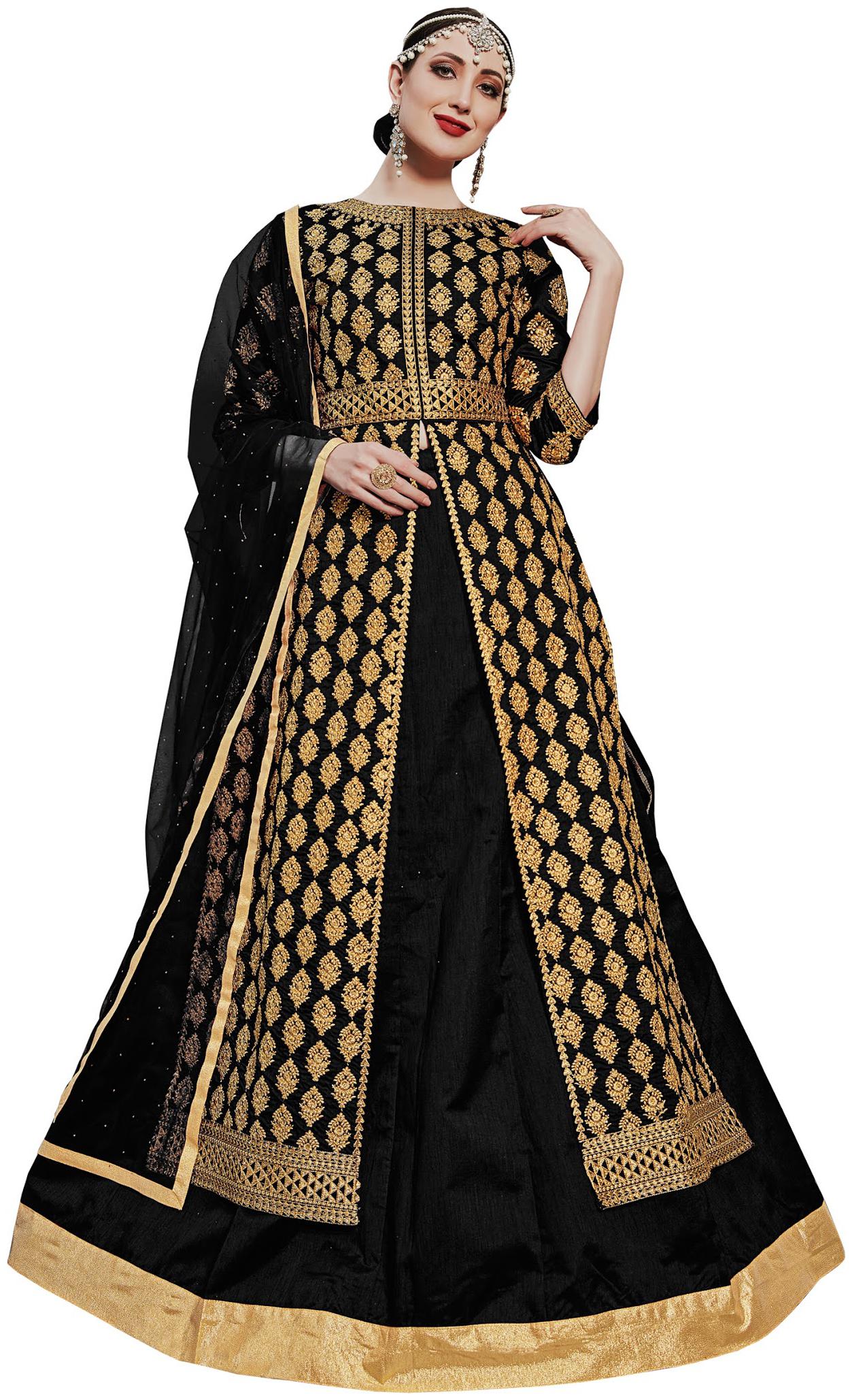

V V shop Women Banglory Silk Embroidered Work Semi Stitched Dress Material (Black)