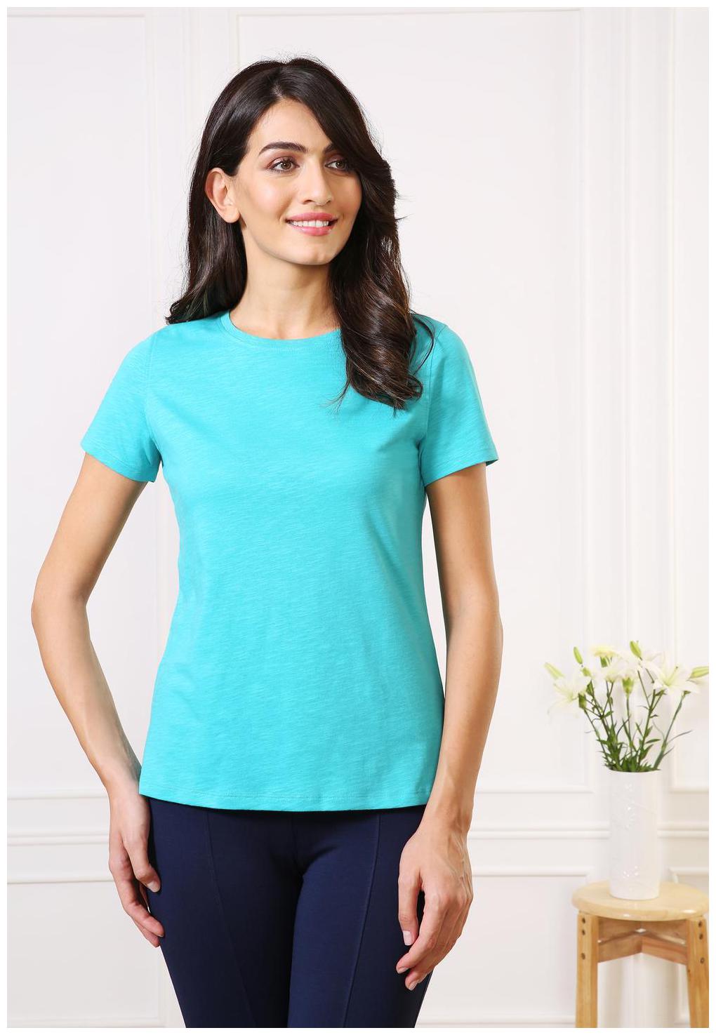 

Van Heusen Women Blue Loose fit Round neck Cotton T shirt