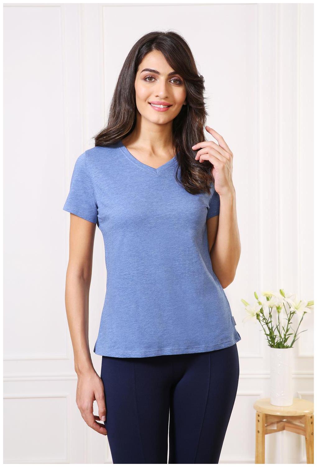 

Van Heusen Women Blue Loose fit V neck Cotton T shirt
