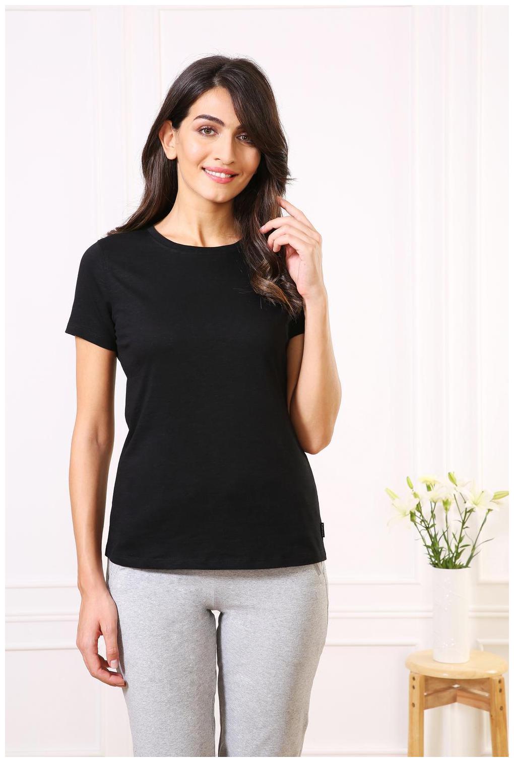 

Van Heusen Women Black Loose fit Round neck Cotton T shirt