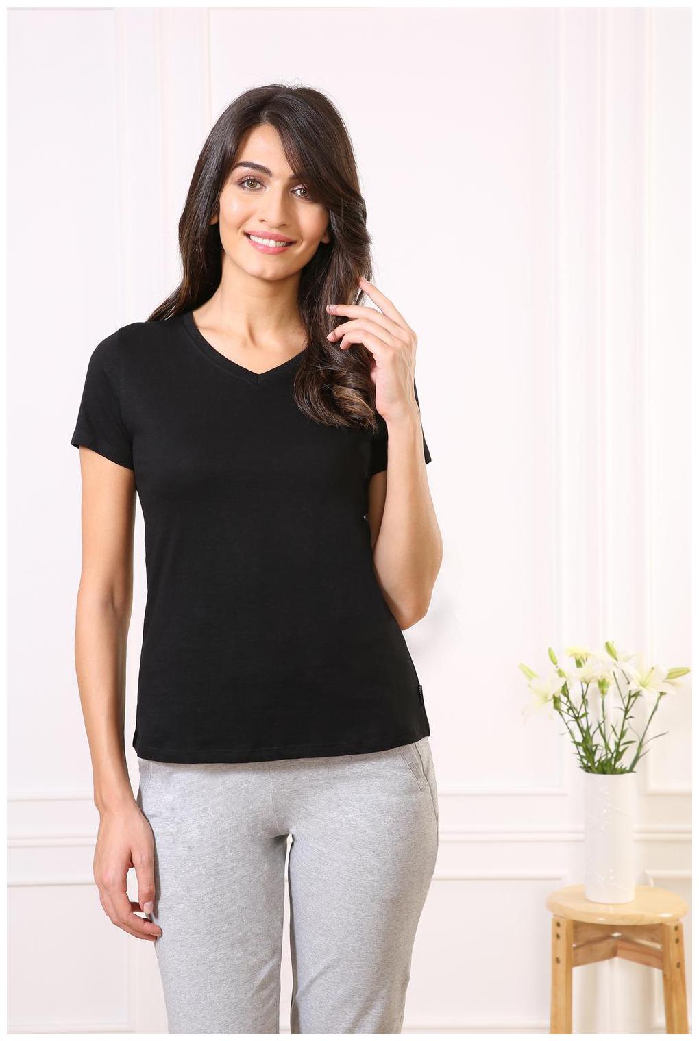 

Van Heusen Women Black Loose fit V neck Cotton T shirt