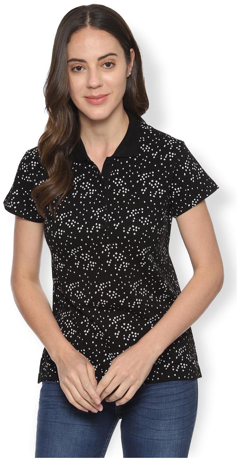 

Van Heusen Women Black Regular fit Polo neck Cotton T shirt