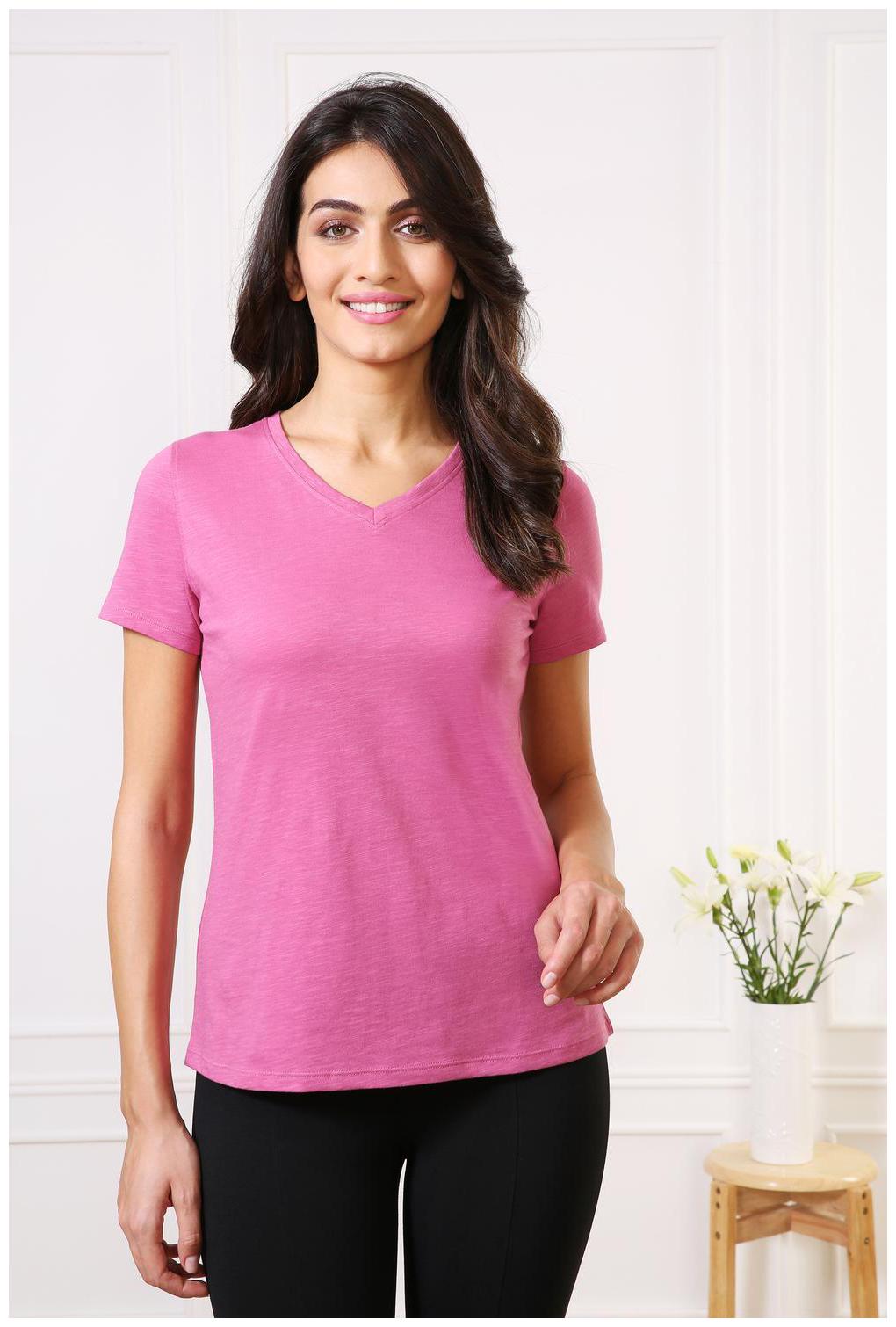 

Van Heusen Women Pink Loose fit V neck Cotton T shirt