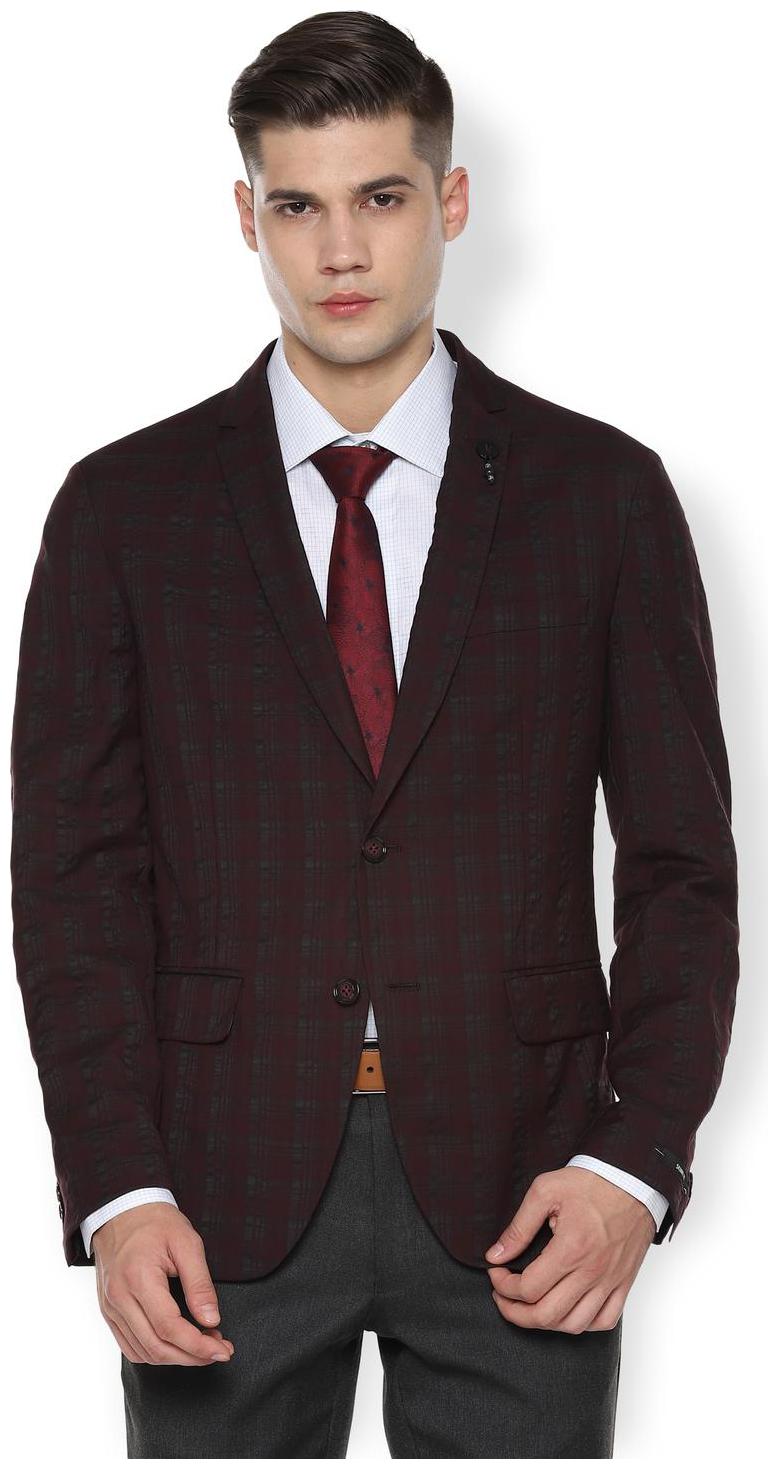 

Van Heusen Men Maroon Checked Super slim fit Single Breasted Blazer