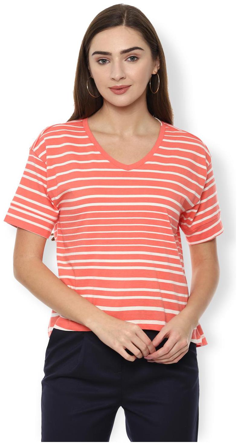 

Van Heusen Women Orange Regular fit V neck Cotton T shirt