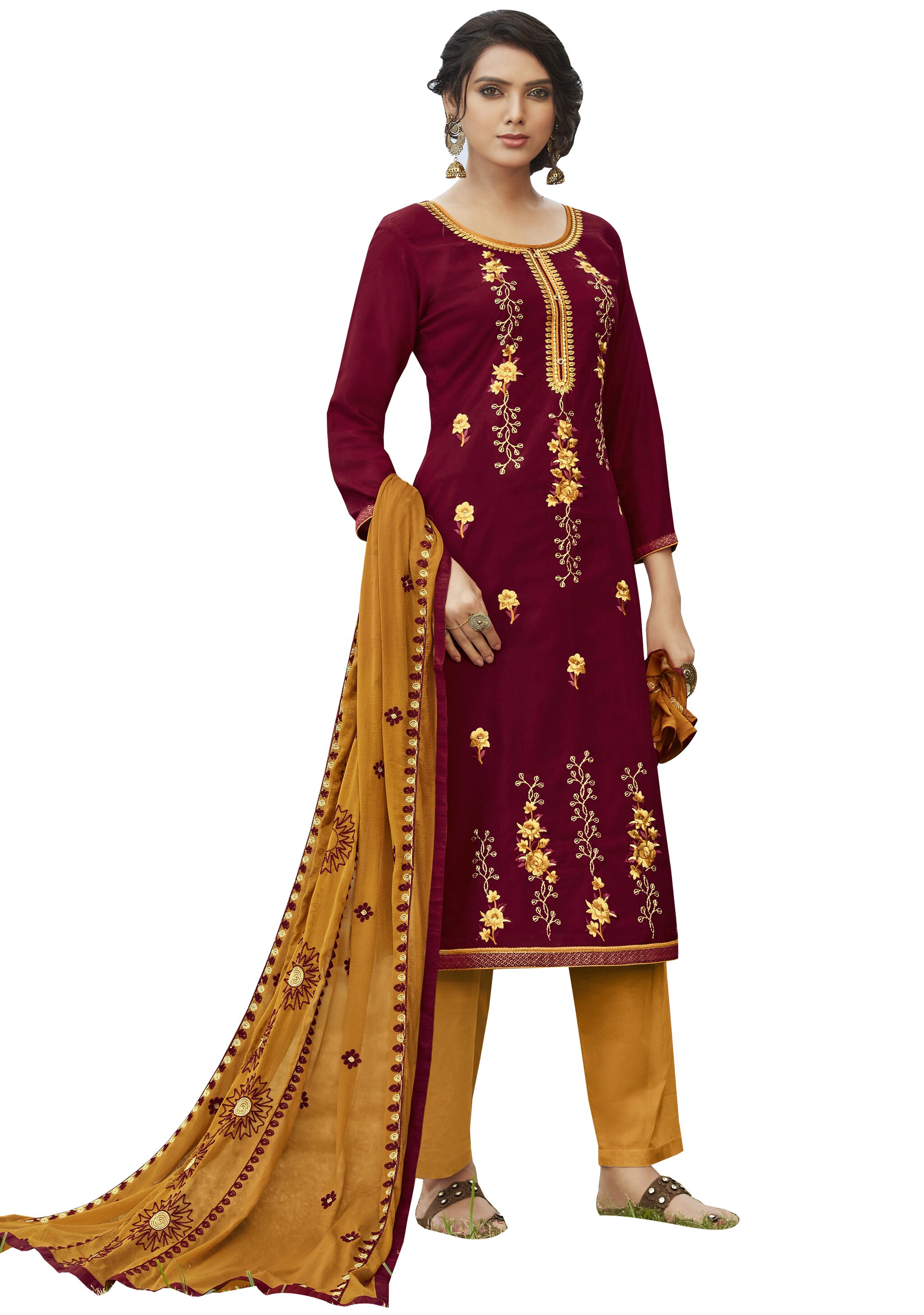 

Vardan Maroon Unstitched Kurta with bottom dupatta With dupatta Dress Material