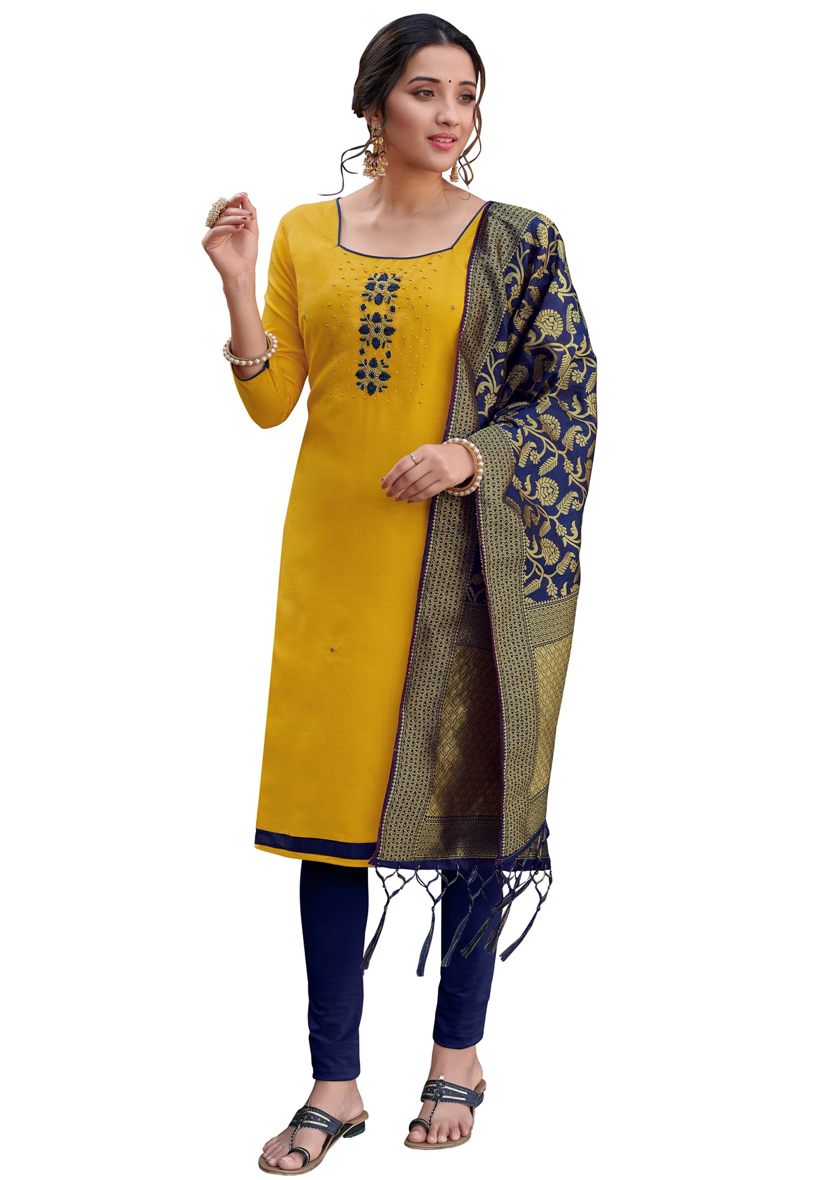 

Vardan Mustard Unstitched Kurta with bottom dupatta With dupatta Dress Material