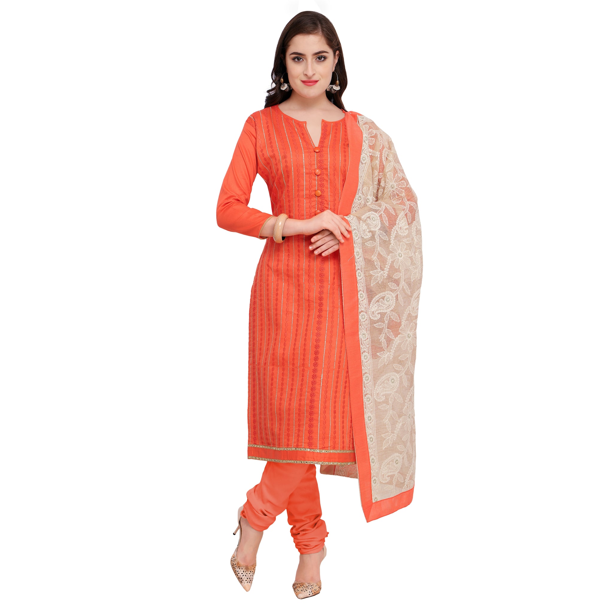 

Vardan Peach Unstitched Kurta with bottom dupatta With dupatta Dress Material