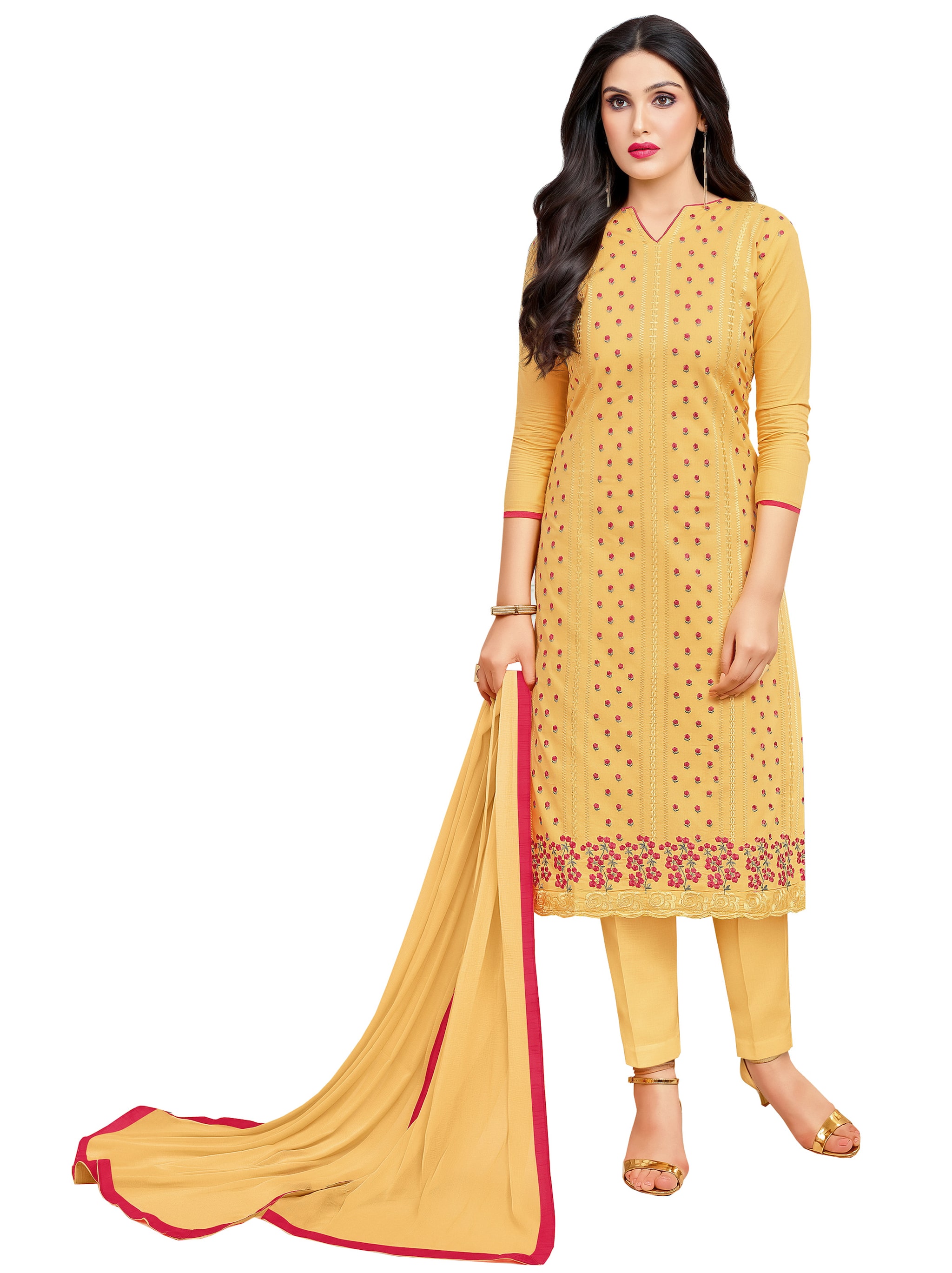 

Vardan Yellow Unstitched Kurta with bottom dupatta With dupatta Dress Material