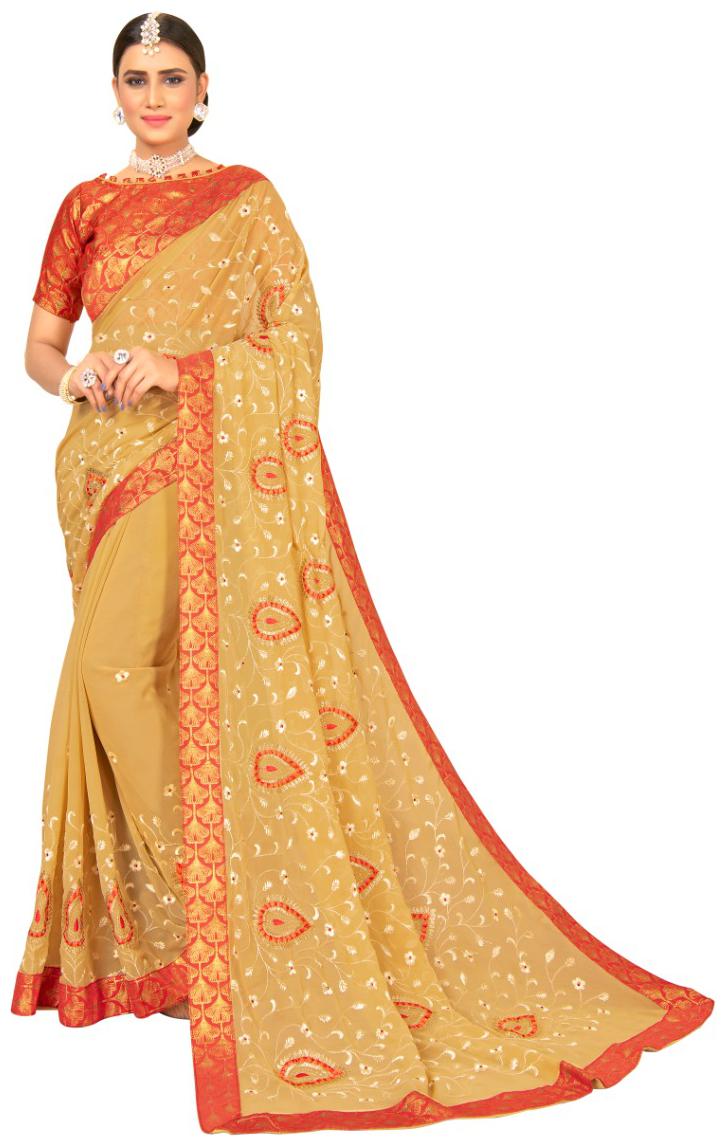 

Vardan Ethnic Beige Georgette Embroidered Saree For Women