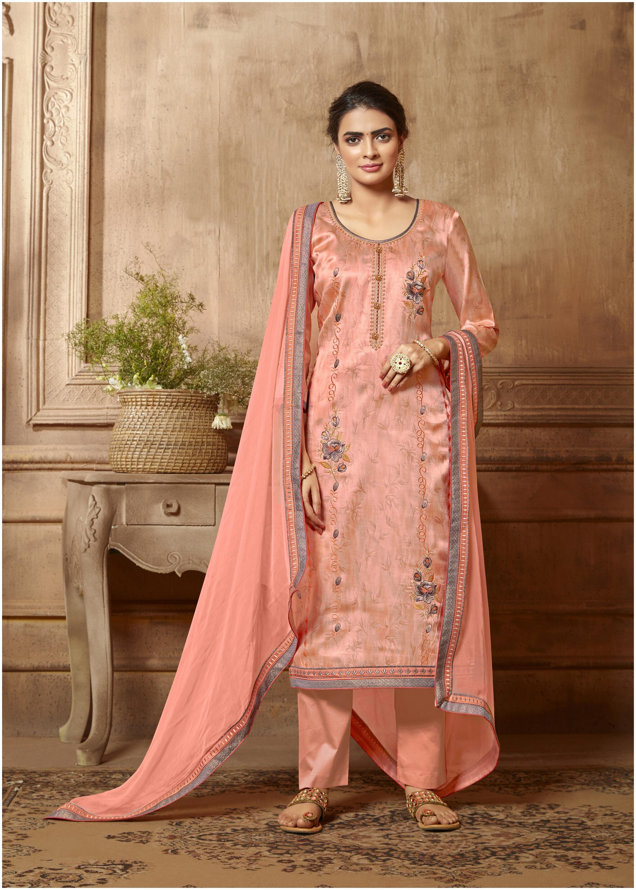 

Vardan Peach Unstitched Kurta with bottom dupatta With dupatta Dress Material