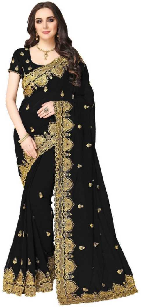 

Vardan Ethnic Women Georgette Embroidered Black Designer Saree With Blouse