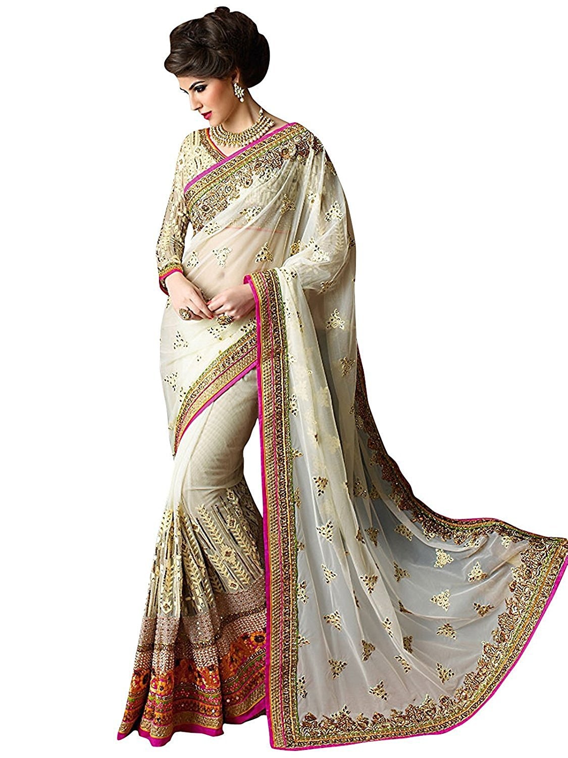 

Vardan Ethnic Women Net Embroidered White Designer Saree With Blouse