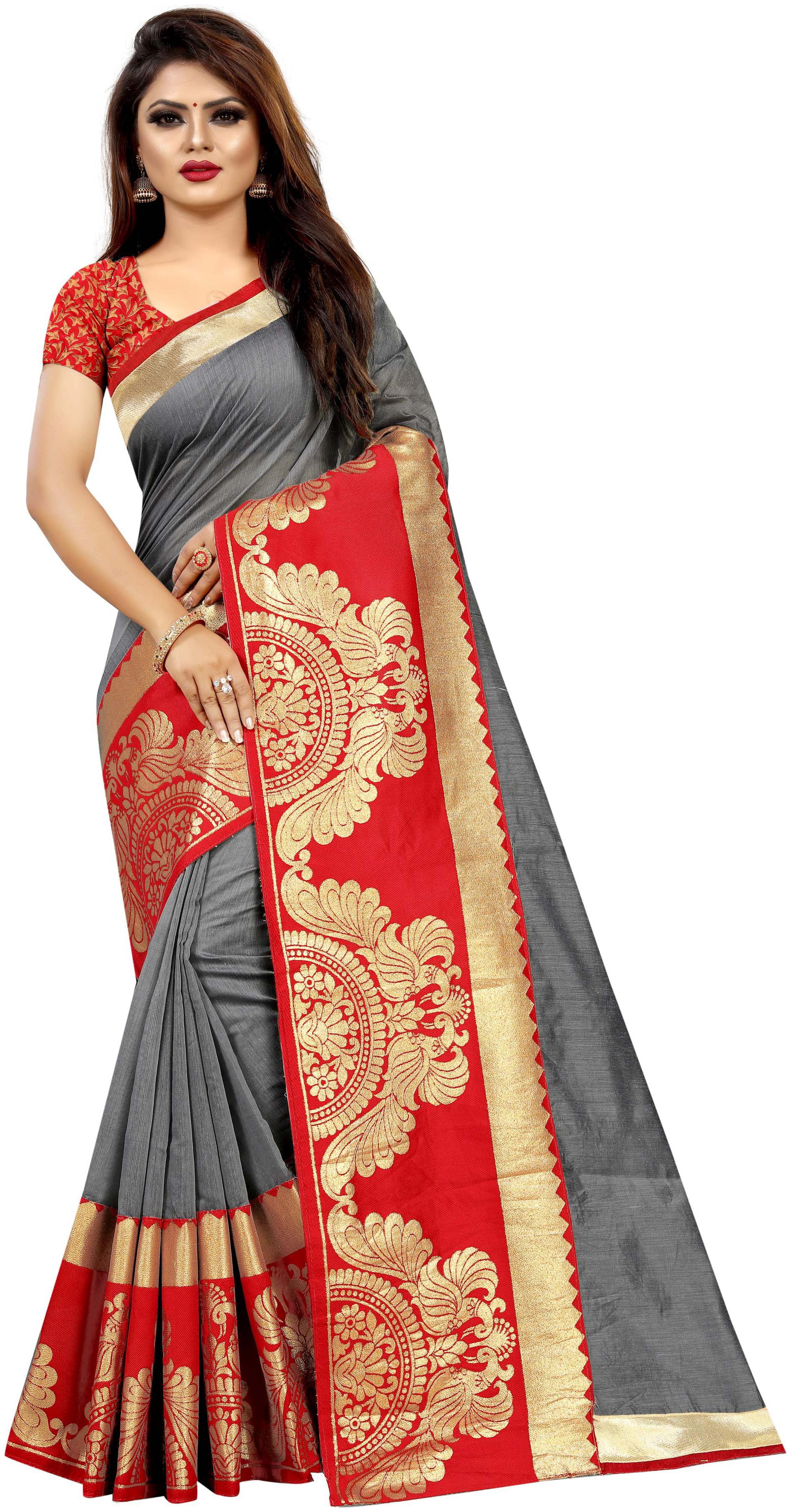 

Vardan Ethnic Cotton Blend Woven Grey Saree For Women