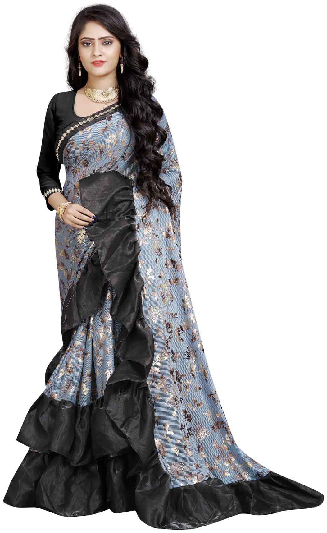 

Vardan Ethnic Women s Imported Fabric Frill Foil Printed Ruffle Saree(Charcoal Free Size)