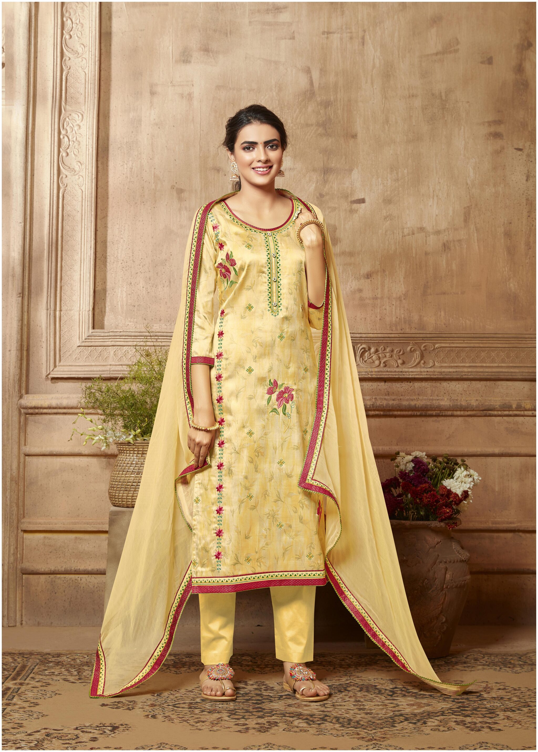 

Vardan Yellow Unstitched Kurta with bottom dupatta With dupatta Dress Material