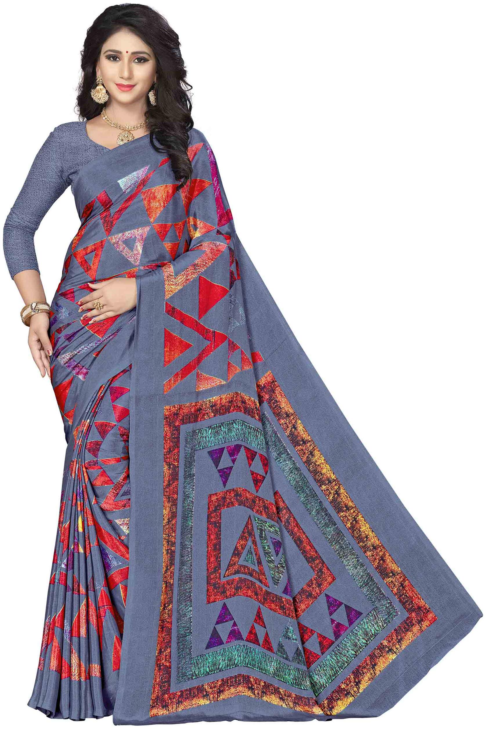 

Vardan Prints Printed Grey Color Crepe Sari With Blouse Piece