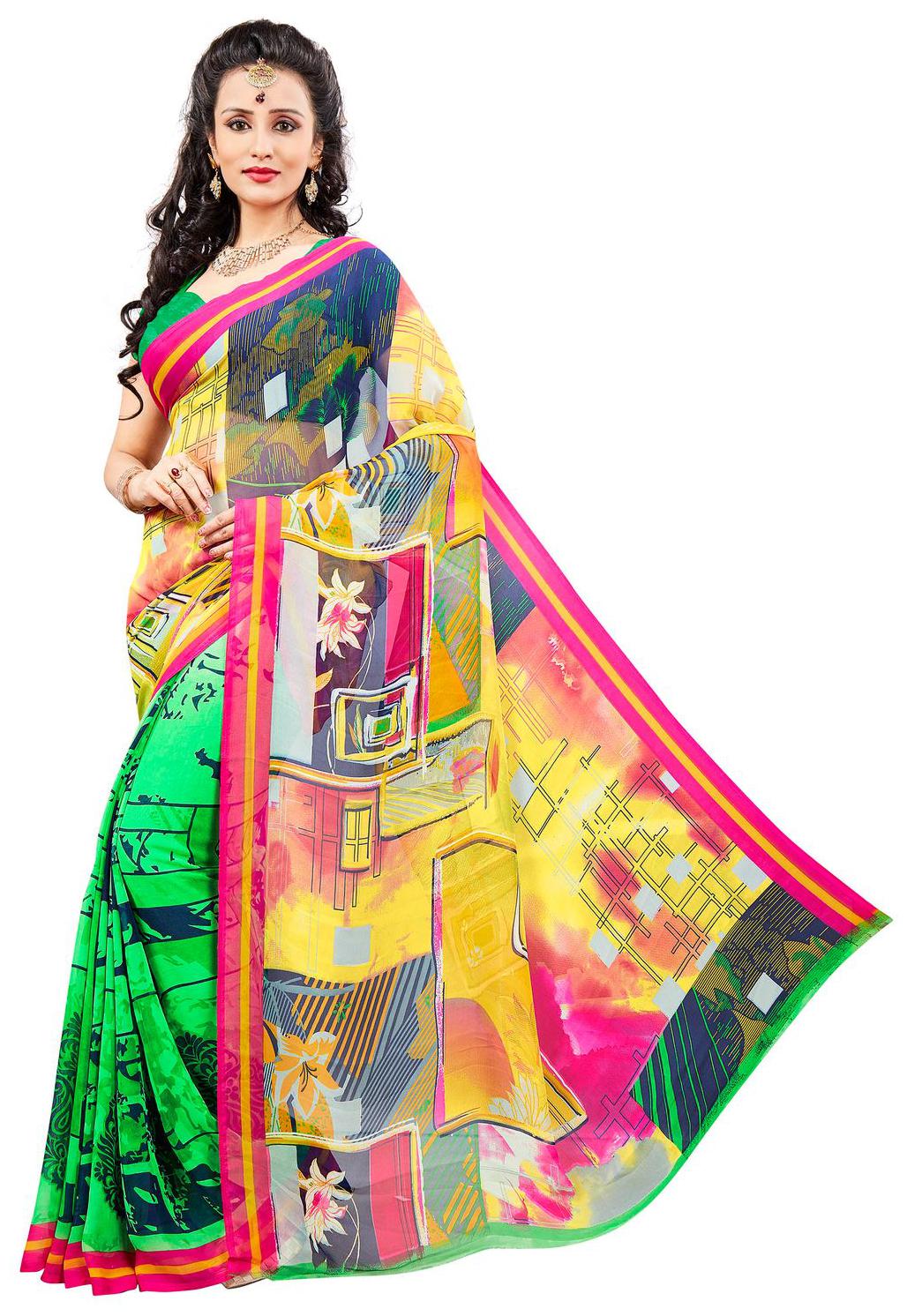 

Vardan Prints Georgette Printed Bollywood Style Saree With Blouse Piece