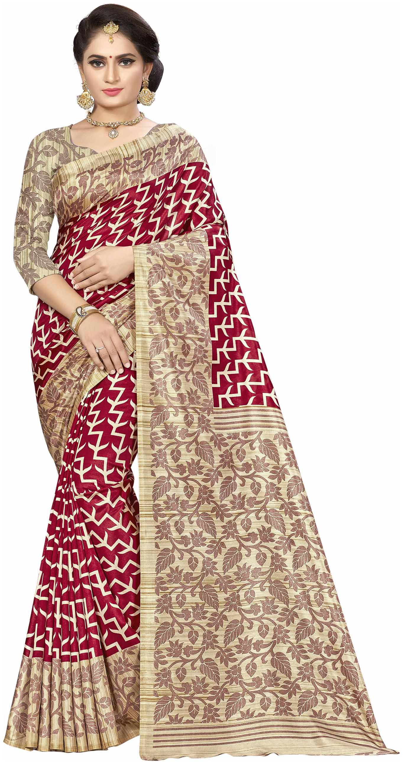 

Vardan Prints Gold Red Color Saree With Gold Printed Blouse Piece