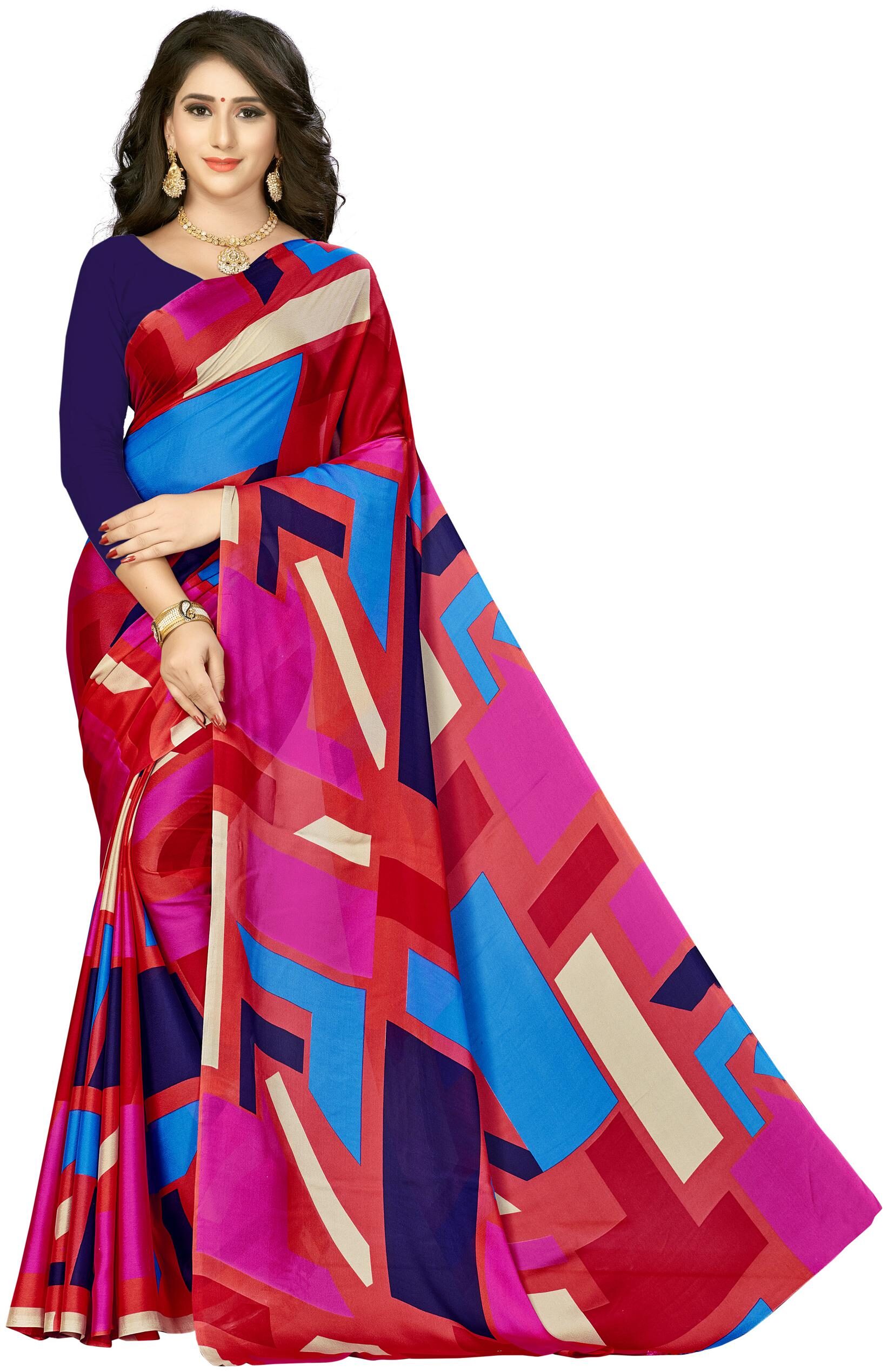 

Vardan Prints Pink Color Crepe Saree With Raw Silk Blouse
