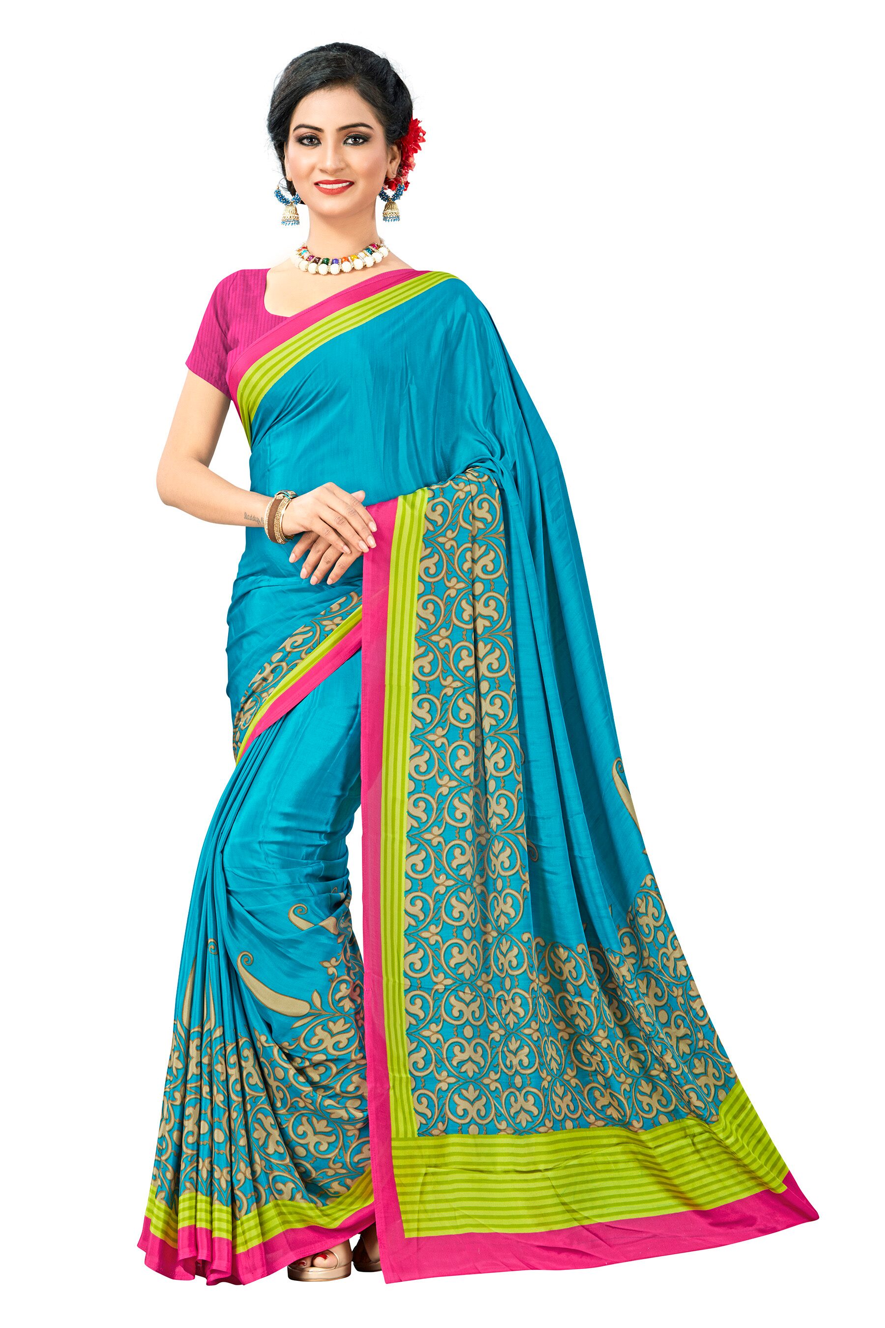 

Vardan Prints Crepe Printed Blue Color Saree with Blouse