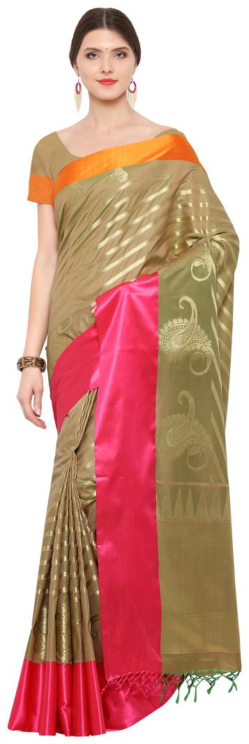 

Varkala Silk Sarees Beige Striped Banarasi Regular Saree With Blouse With blouse