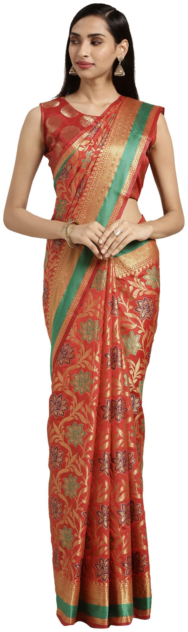 

Varkala Silk Sarees Red Floral Banarasi Regular Saree With Blouse With blouse