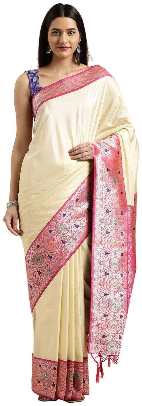 

Varkala Silk Sarees Cream Woven Banarasi Regular Saree With Blouse With blouse