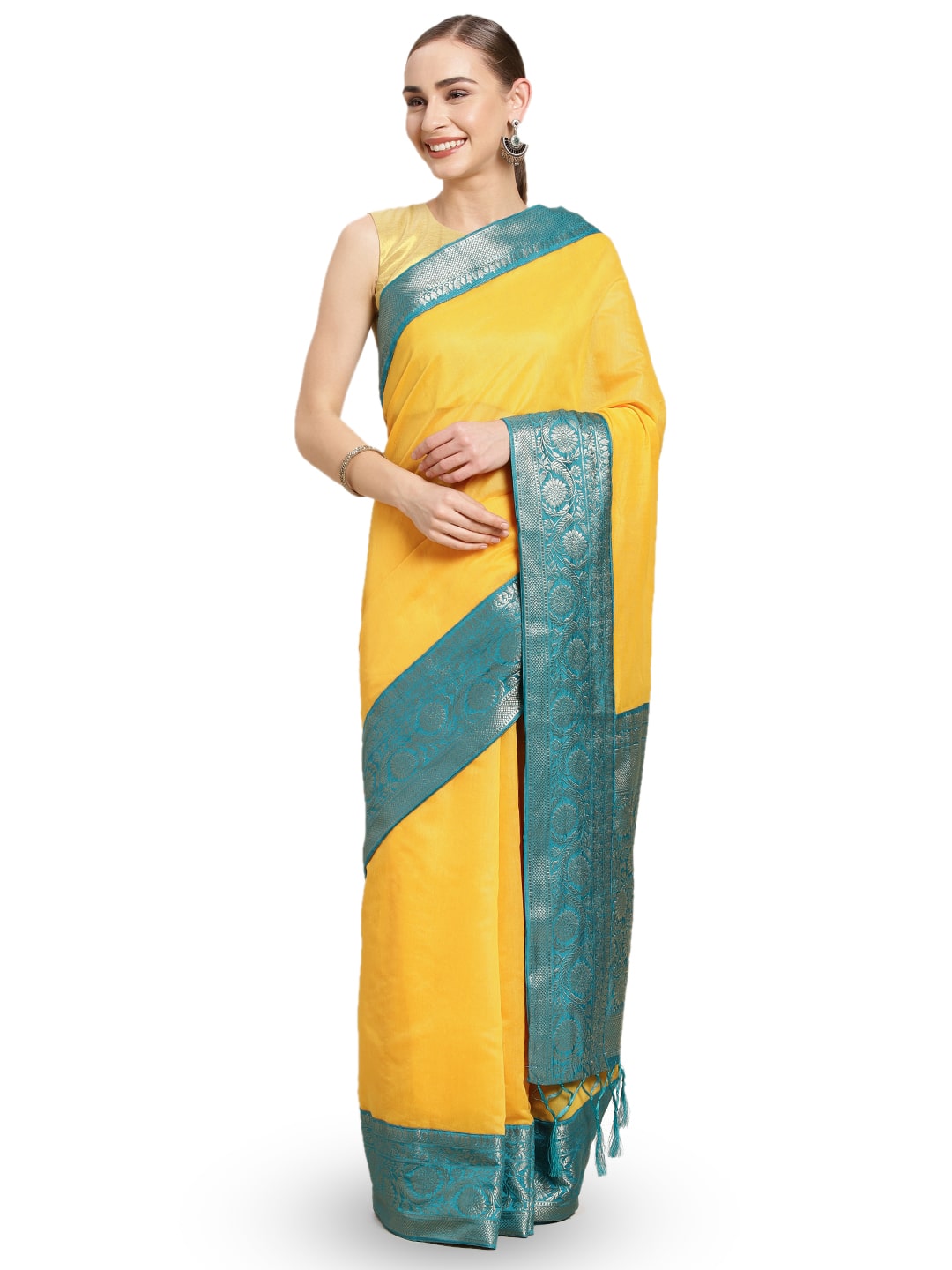 

Varkala Silk Sarees Women Cotton Blend Yellow Regular Saree With Blouse