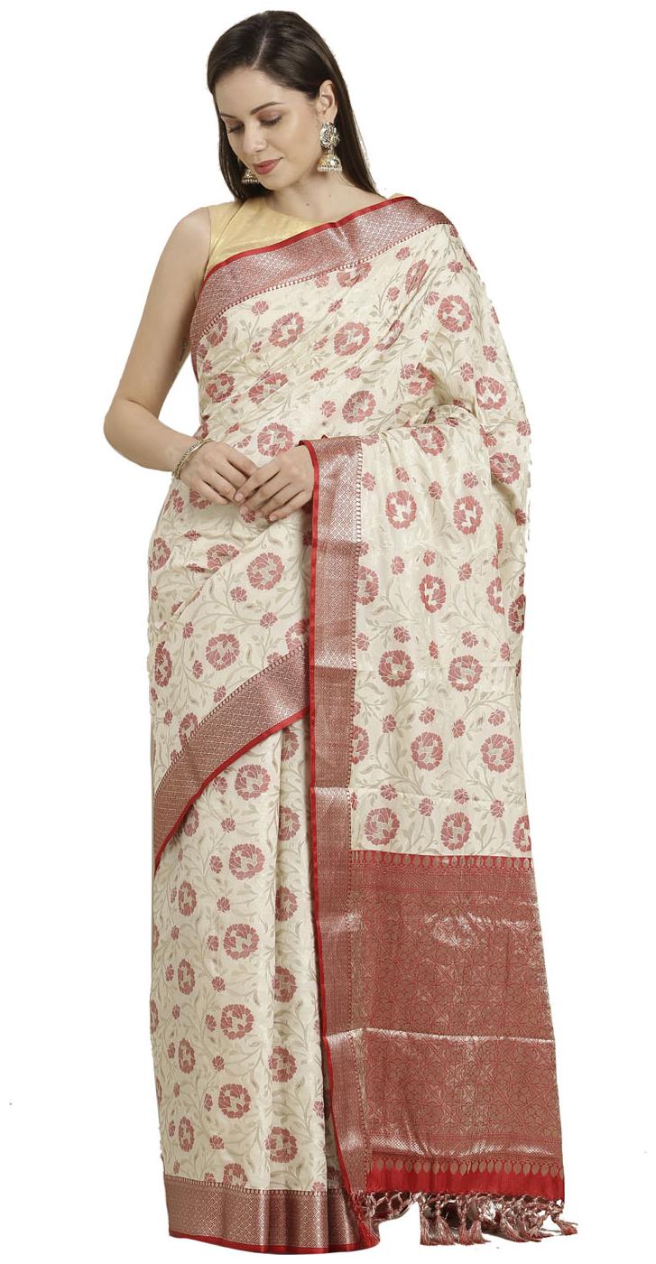 

Varkala Silk Sarees Cream Woven Banarasi Regular Saree With Blouse With blouse