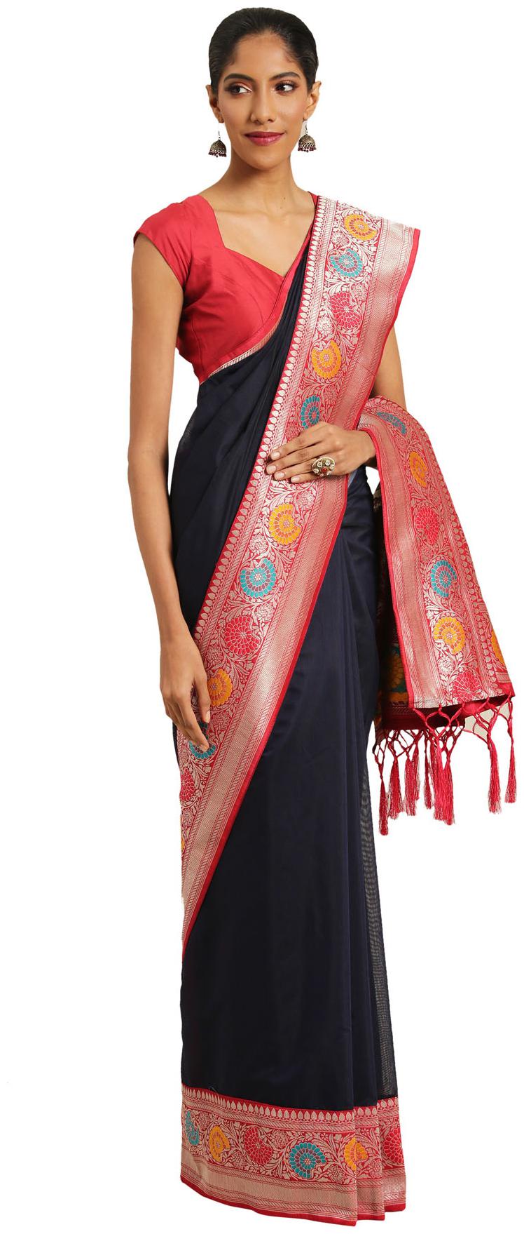 

Varkala Silk Sarees Blue Floral Banarasi Regular Saree With Blouse With blouse