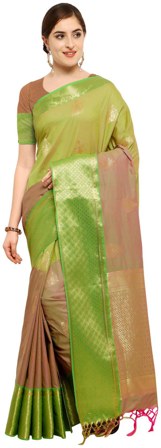 

Varkala Silk Sarees Green Woven Banarasi Regular Saree With Blouse With blouse