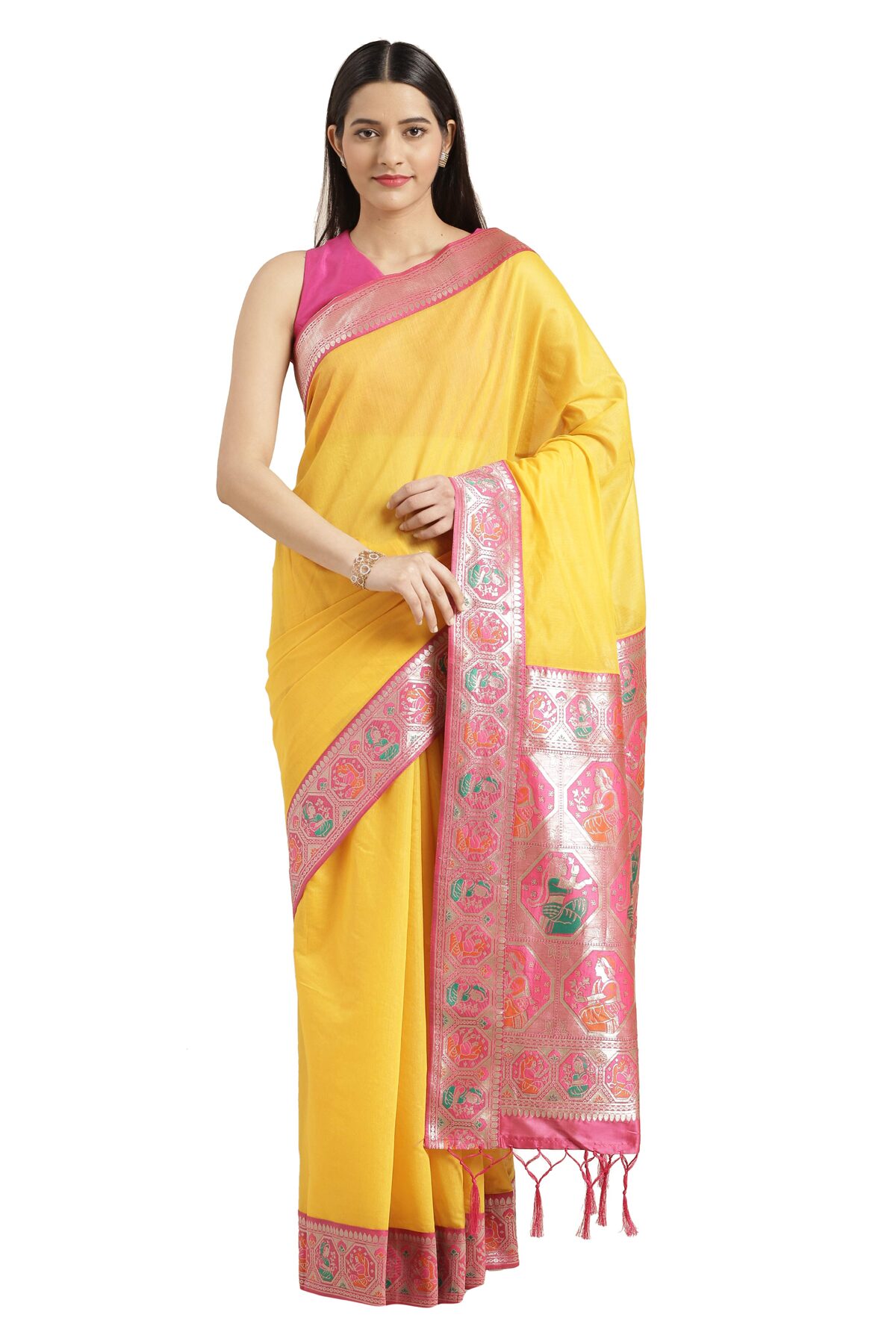 

Varkala Silk Sarees Yellow Solid Banarasi Regular Saree With Blouse With blouse