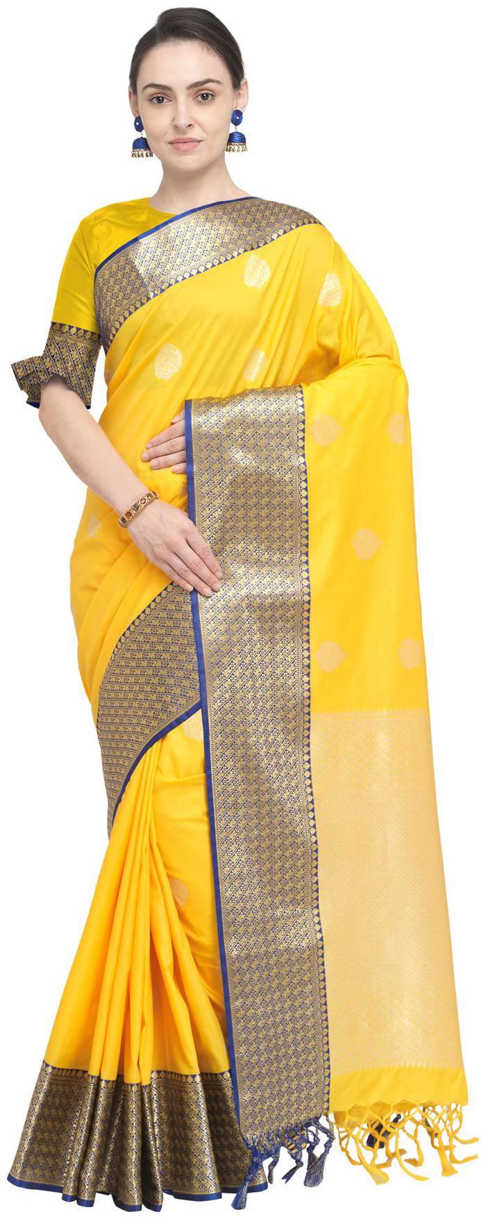 

Varkala Silk Sarees Yellow Woven Banarasi Regular Saree With Blouse With blouse