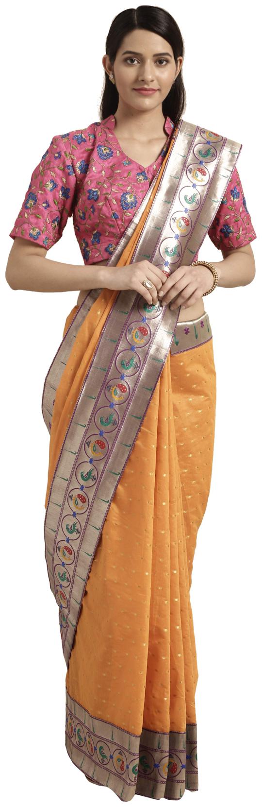 

Varkala Silk Sarees Orange Printed Zari Work Cotton Paithani Saree