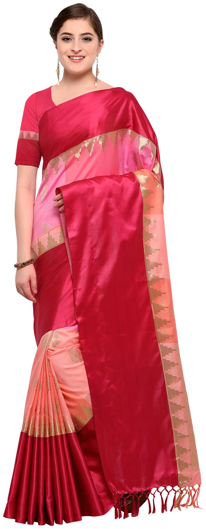 

Varkala Silk Sarees Peach Woven Banarasi Regular Saree With Blouse With blouse