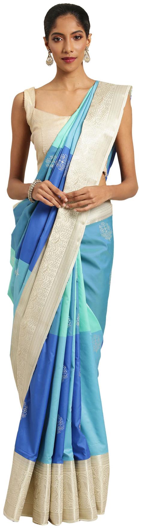

Varkala Silk Sarees Turquoise Floral Kanchipuram Silk Regular Saree With Blouse With blouse