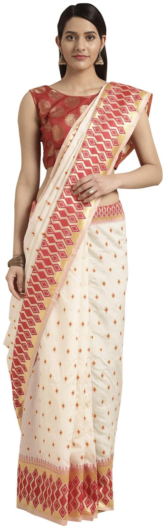 

Varkala Silk Sarees Cream Woven Banarasi Regular Saree With Blouse With blouse