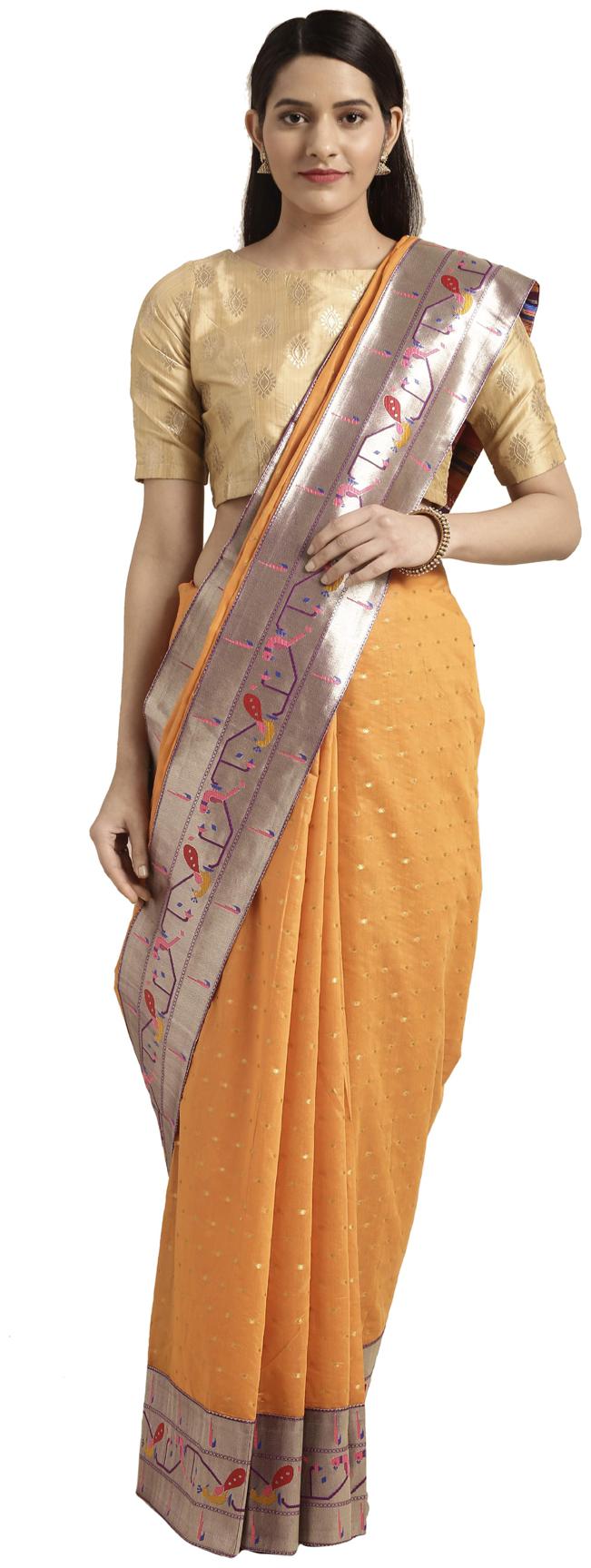 

Varkala Silk Sarees Orange Woven Paithani Regular Saree With Blouse With blouse