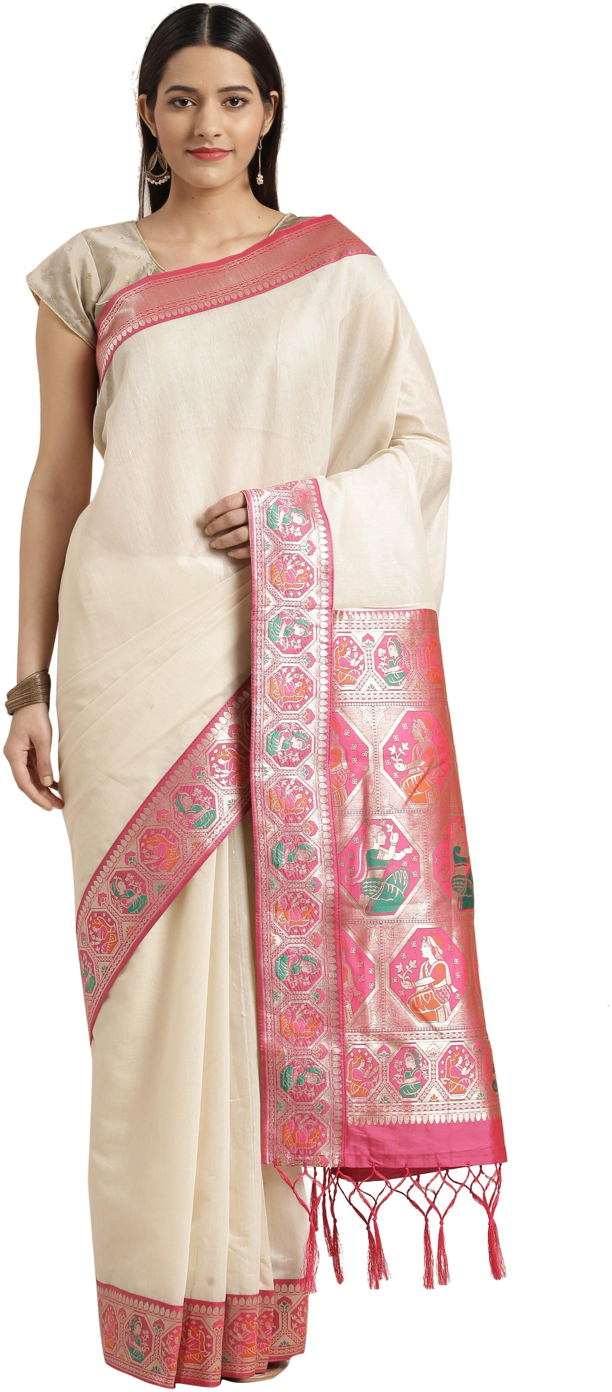 

Varkala Silk Sarees Cream Solid Banarasi Regular Saree With Blouse With blouse