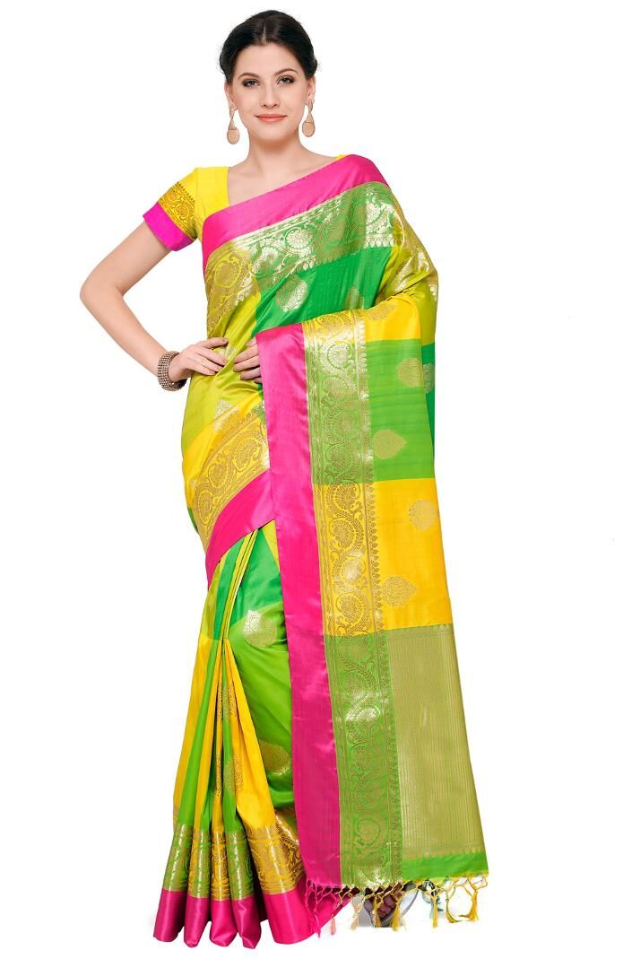 

Varkala Silk Sarees Woven Katan Silk Multicolor Checks pattern Kanjiwaram saree with blouse