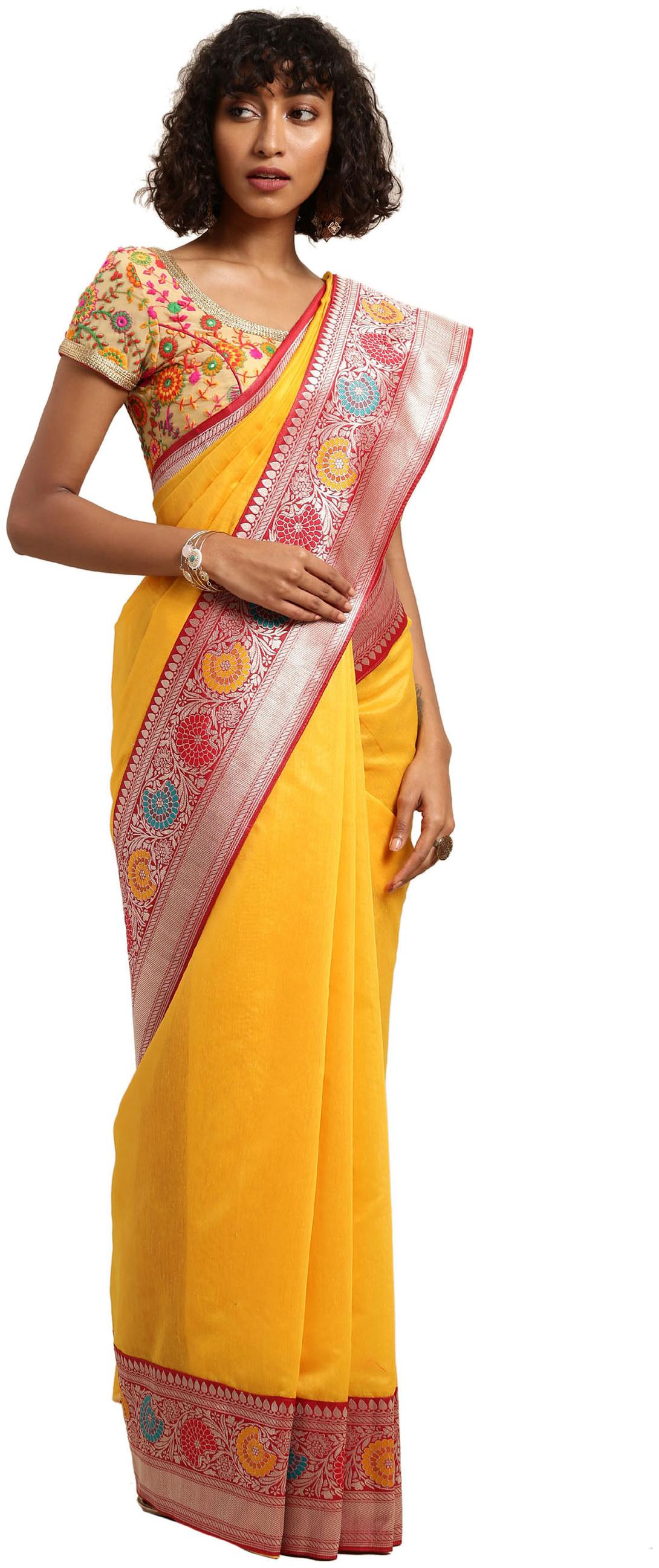 

Varkala Silk Sarees Women Banarasi Soft Cotton Silk Saree Mustard